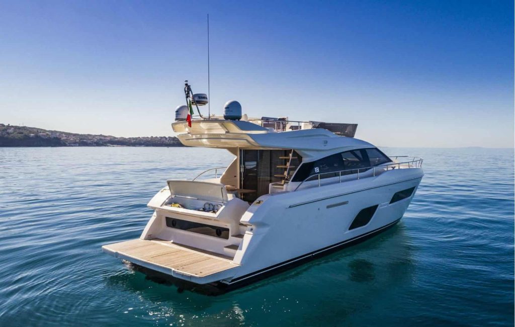 This is a photograph of a Ferretti 550 from the back