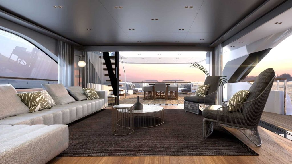 This is a photograph of Sanlorenzo SD118 Upper Deck Salon