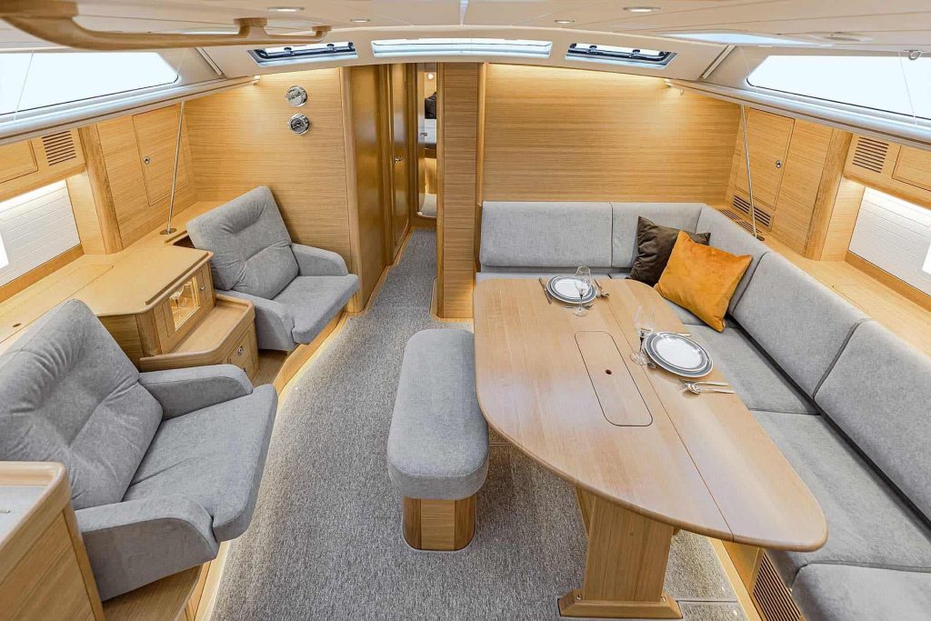 This is a photography of Hallberg Rassy sailing boat salon