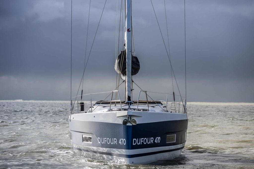 This is a photography of Dufours sailing boat front view