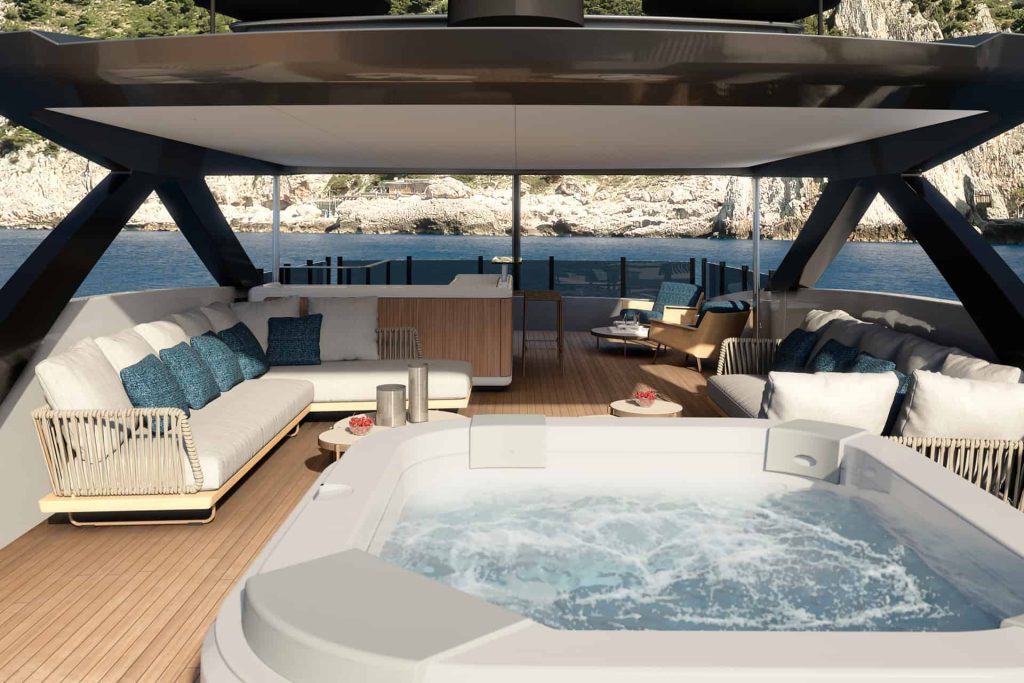 This is photo of a new Custom Line 140 superyacht project sun deck