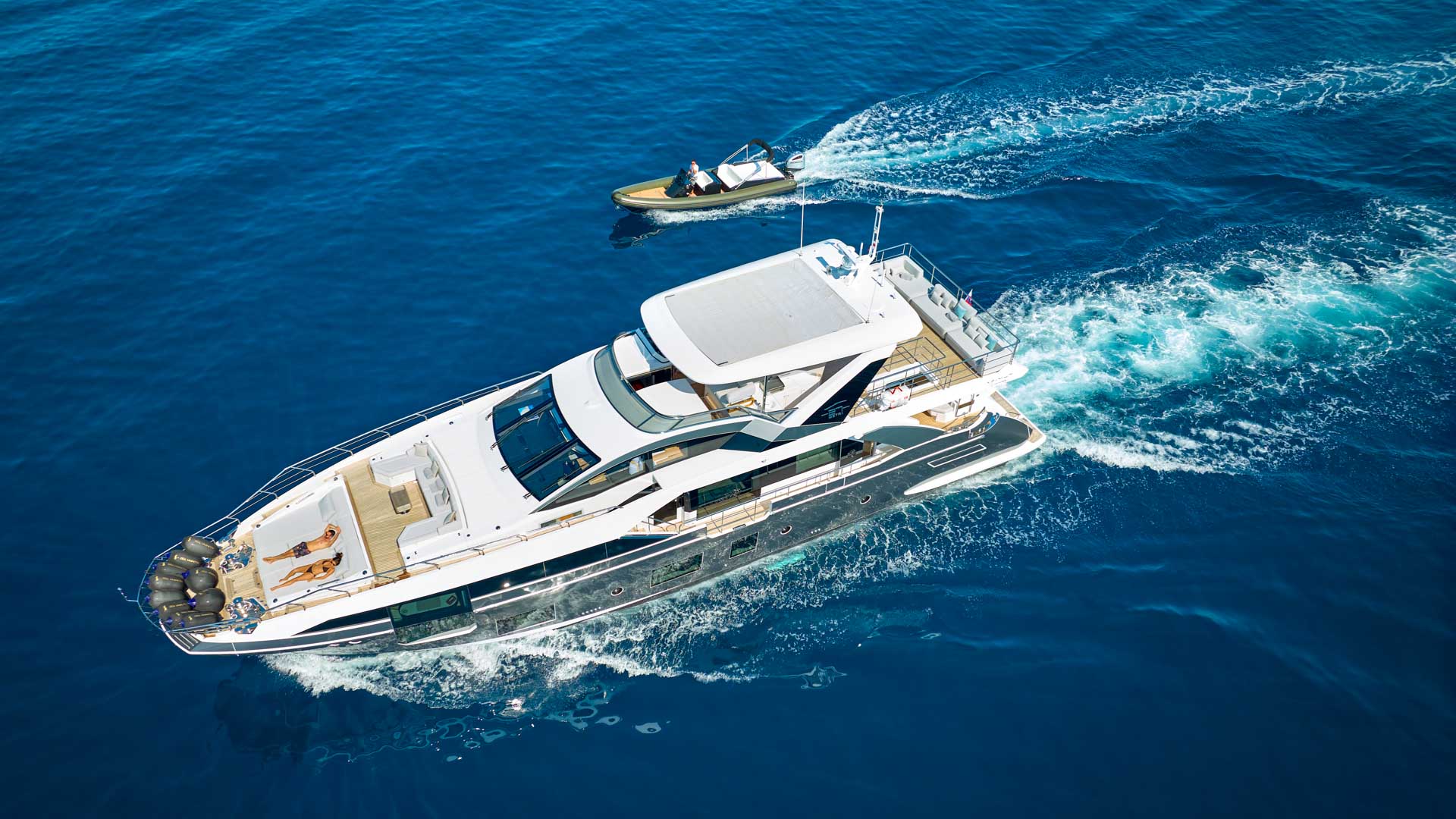 Aerial view of Aluminia Too cruising with chase boat&nbsp;