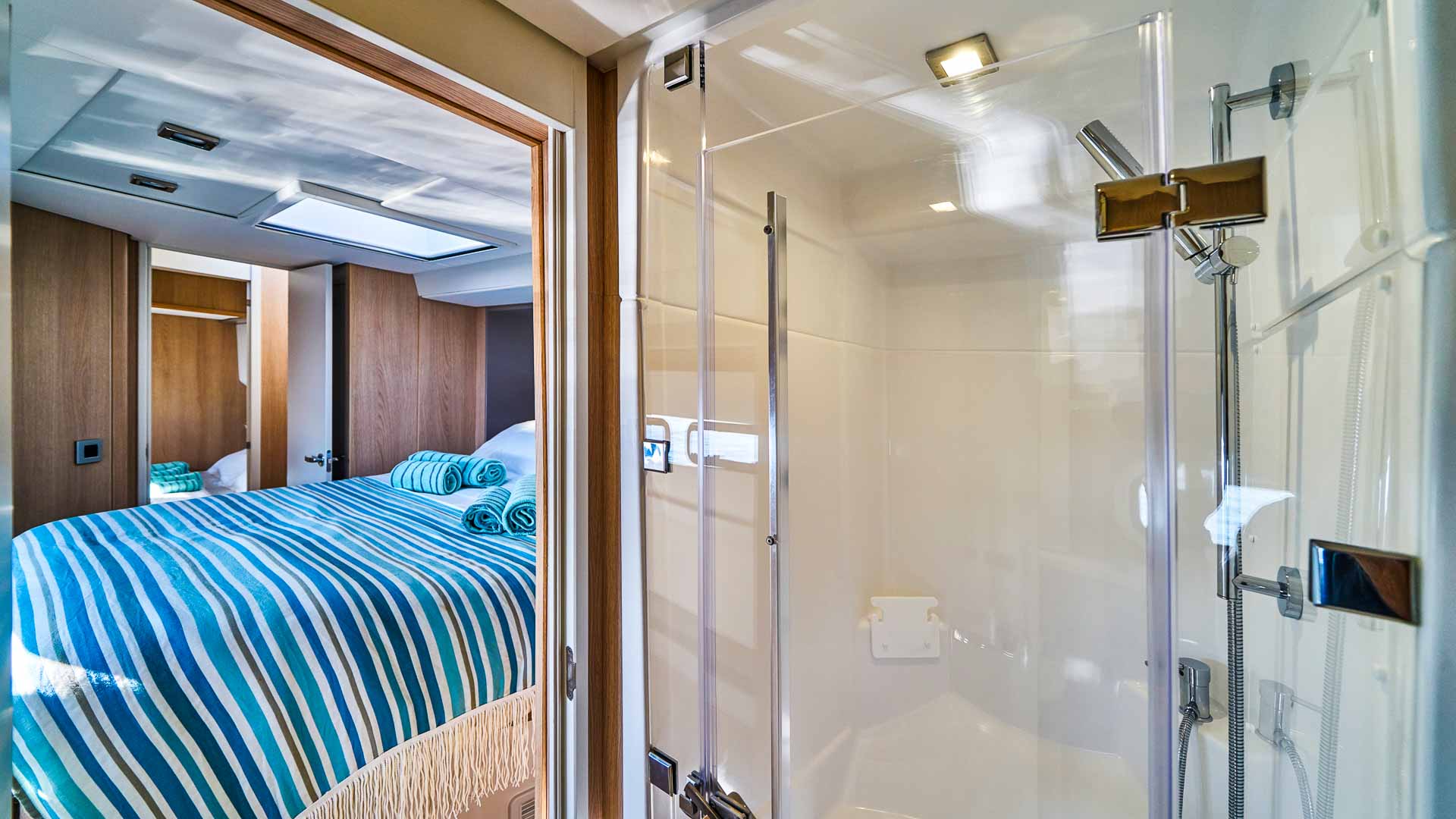 Ensuite shower view of the Bali 5.4 catamaran