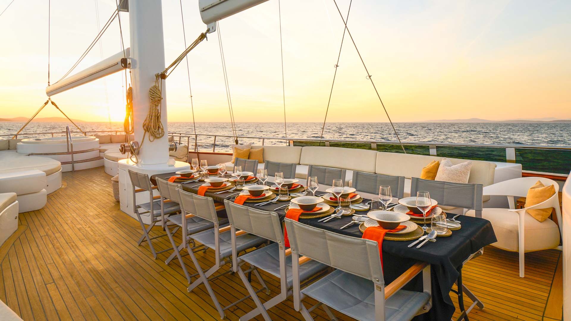 Sundeck dining area at sunset