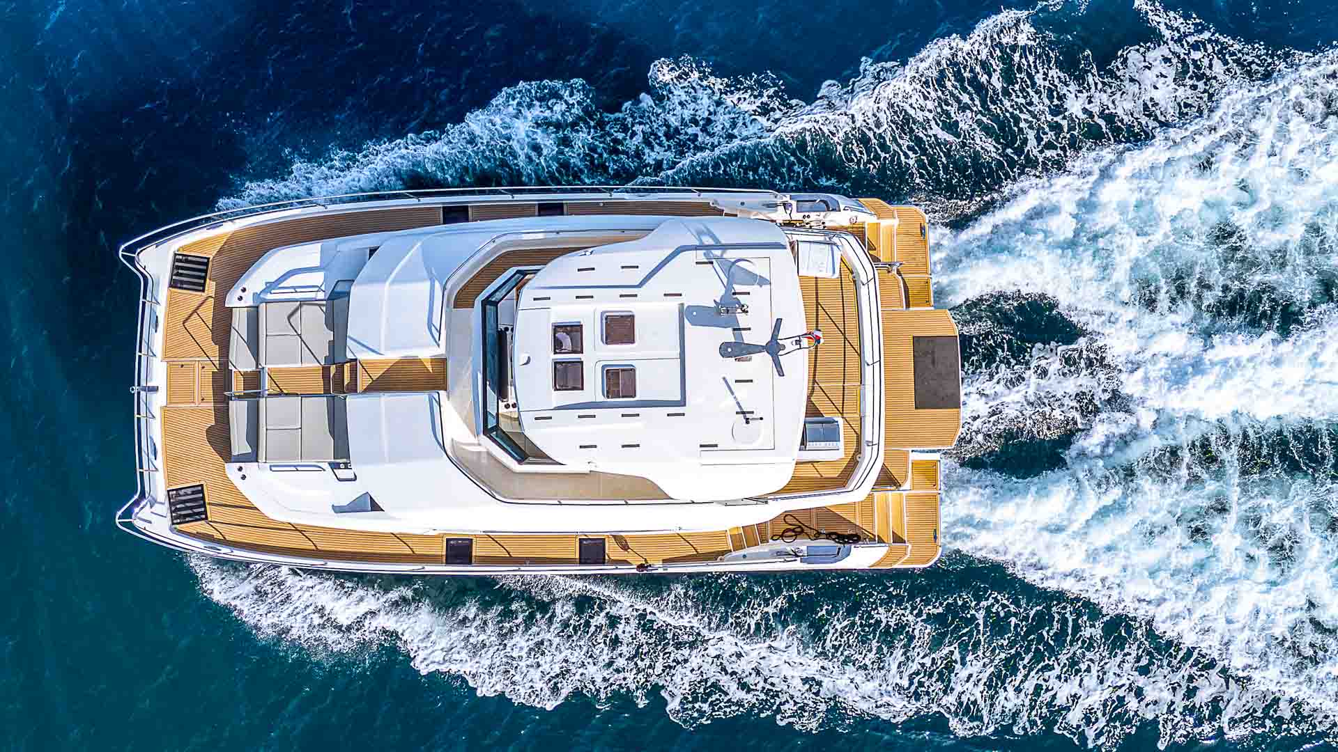 Bird view of the By My Side catamaran while cruising