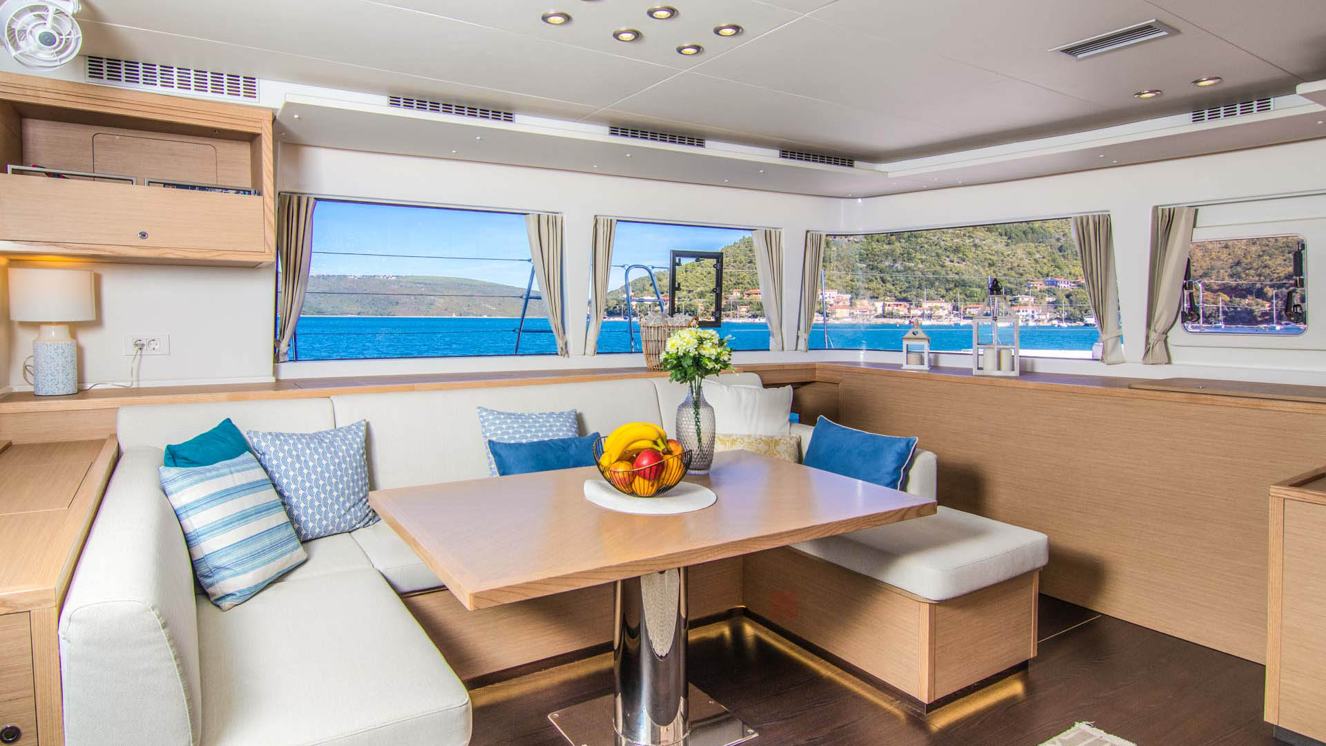 Salon view of the Lagoon 560 S2 catamaran