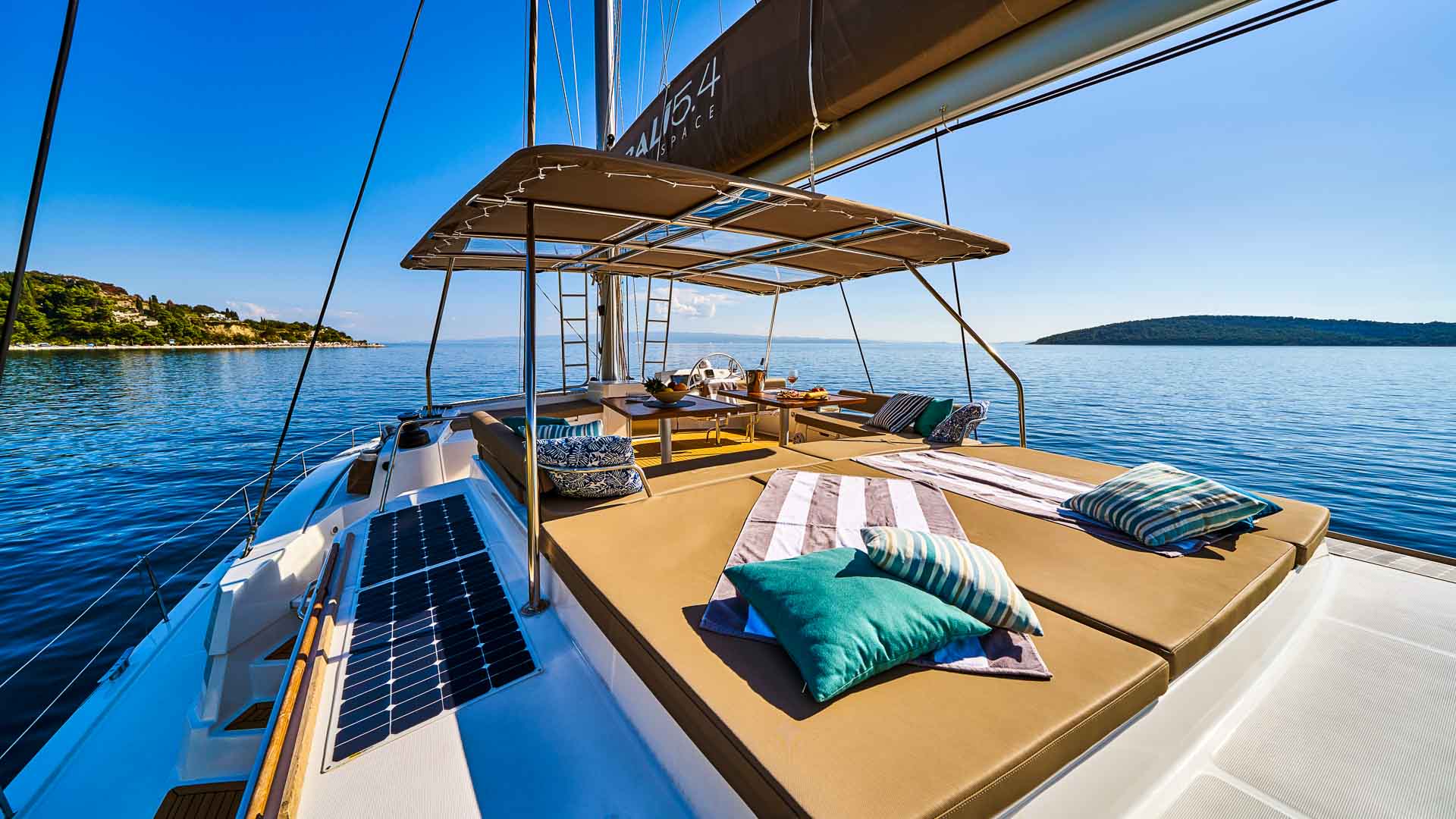 Flybridge sunbathing view of the Bali 5.4 catamaran