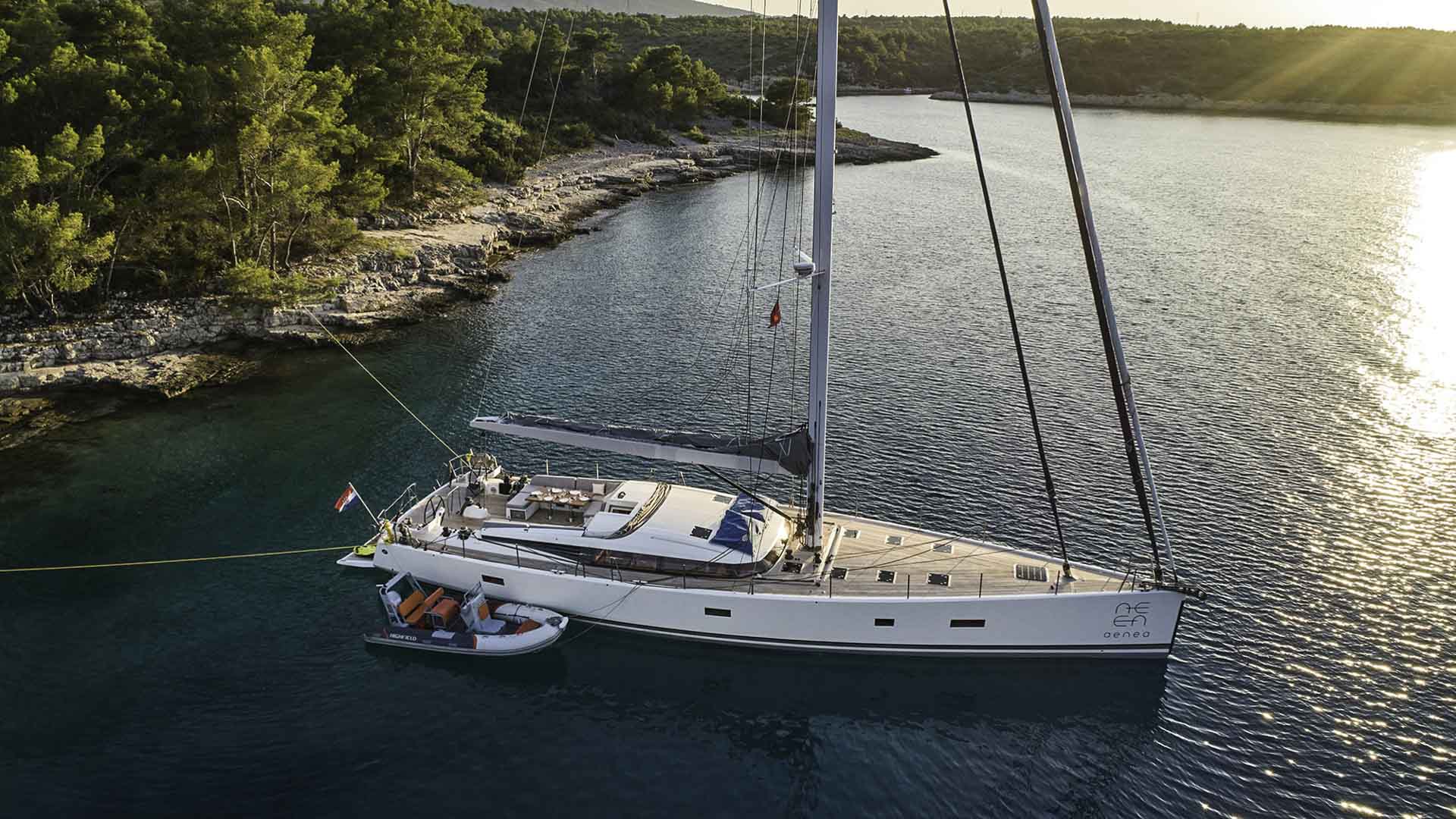 CNB 76 Aenea anchored in a serene bay&nbsp;