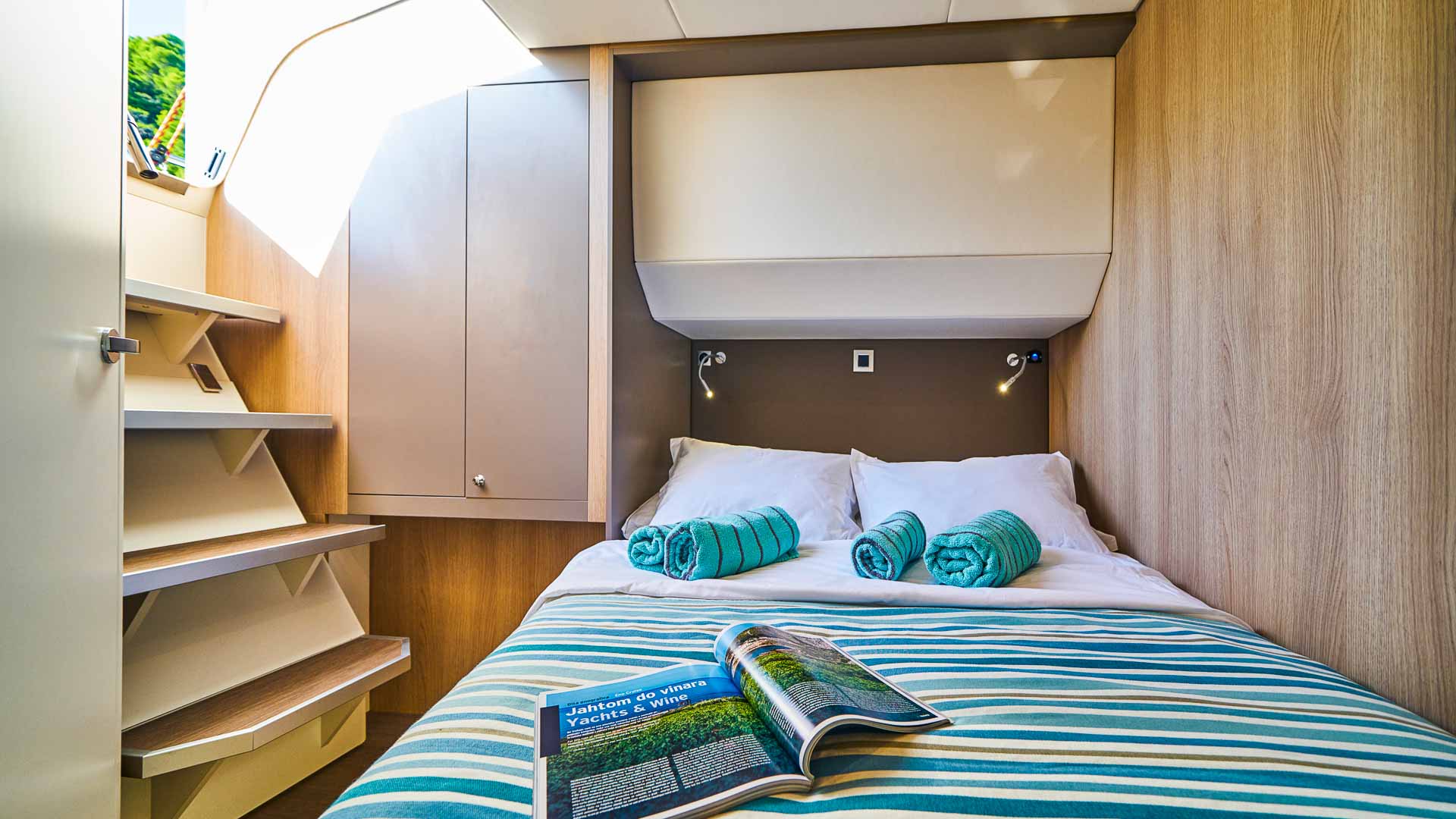 Cabin with stairs of the Bali 5.4 catamaran