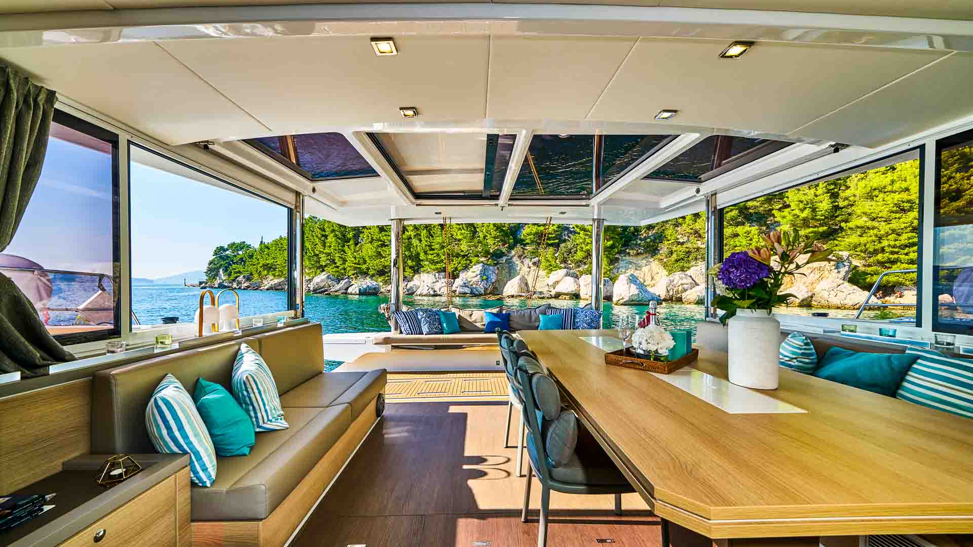 View from salon to cockpit of the Bali 5.4 catamaran