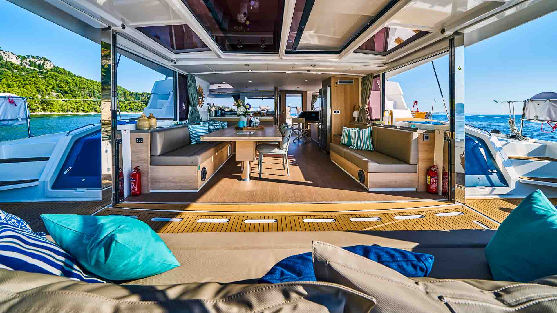 View from cockpit to salon of the Bali 5.4 catamaran