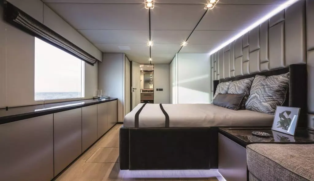 Luxurious cabin aboard the Sunreef 80 Power catamaran.