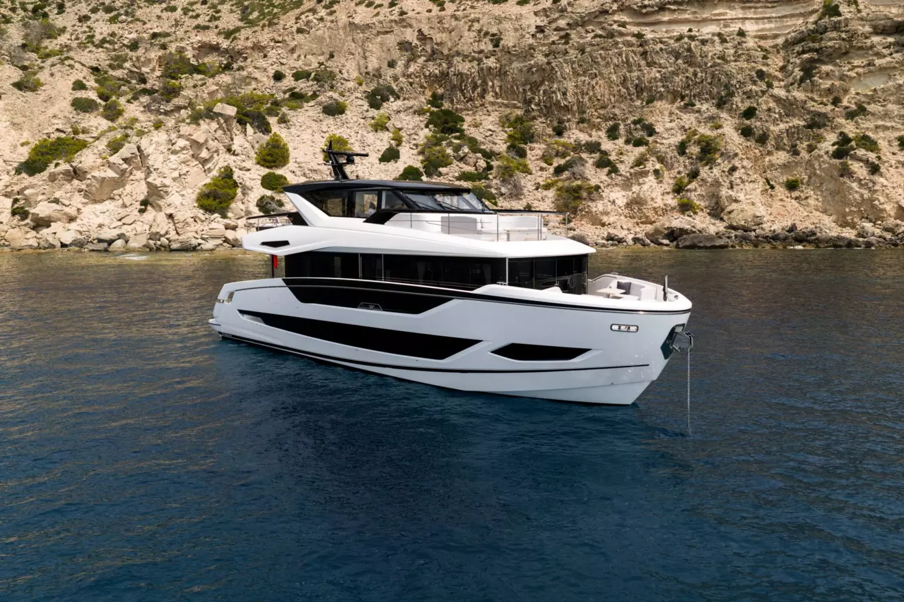 Profile view of Sunseeker Ocean 82 Enclosed yacht highlighting large glass superstructure windows