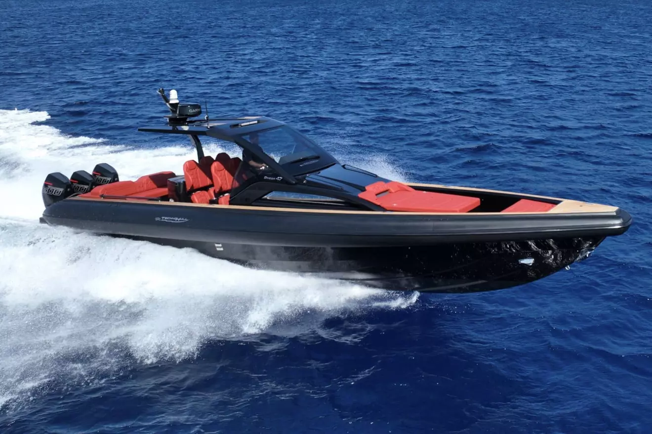 Technohull Omega 47 luxury RIB boat, showcasing its new carbon hardtop and sleek design.