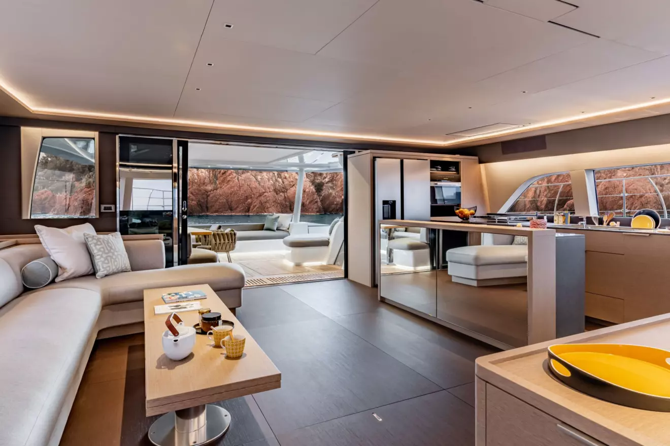 A view of the spacious and luxurious salon on board the Lagoon Seventy 8 catamaran.