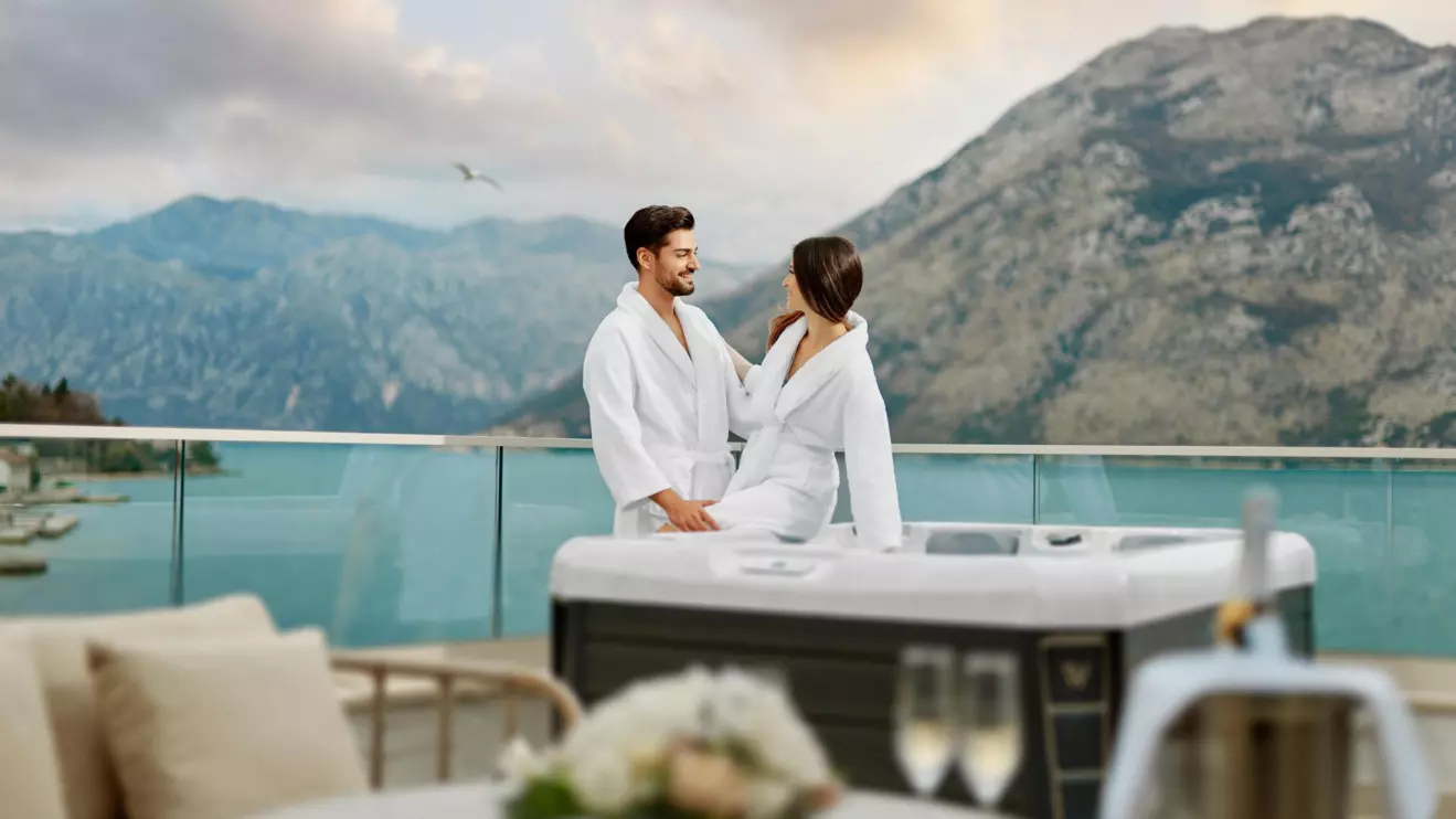 montenegro honeymoon charter destination, couple by the jacuzzi