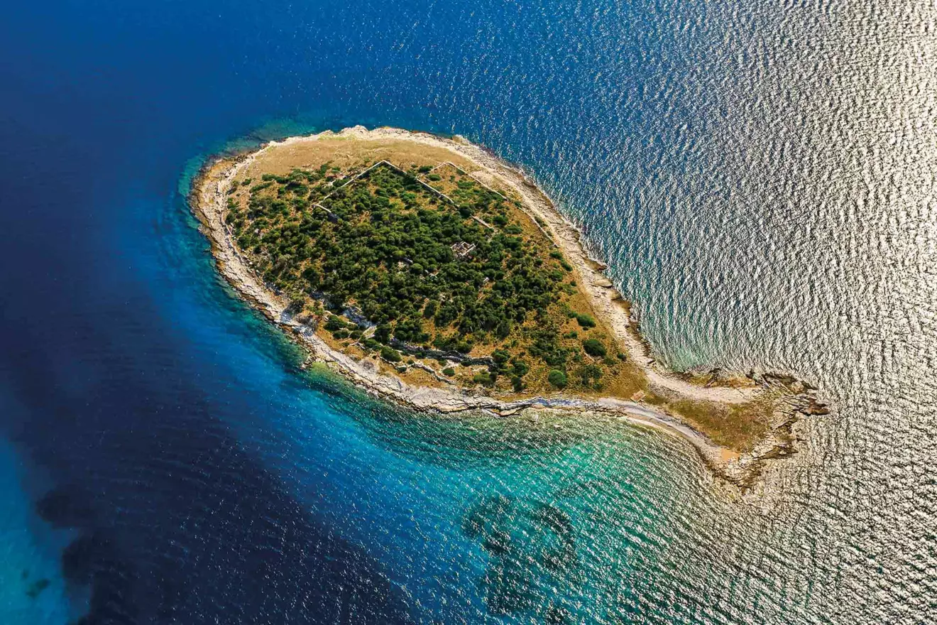 Fish shaped Gaz island, National park Brijuni, Croatia