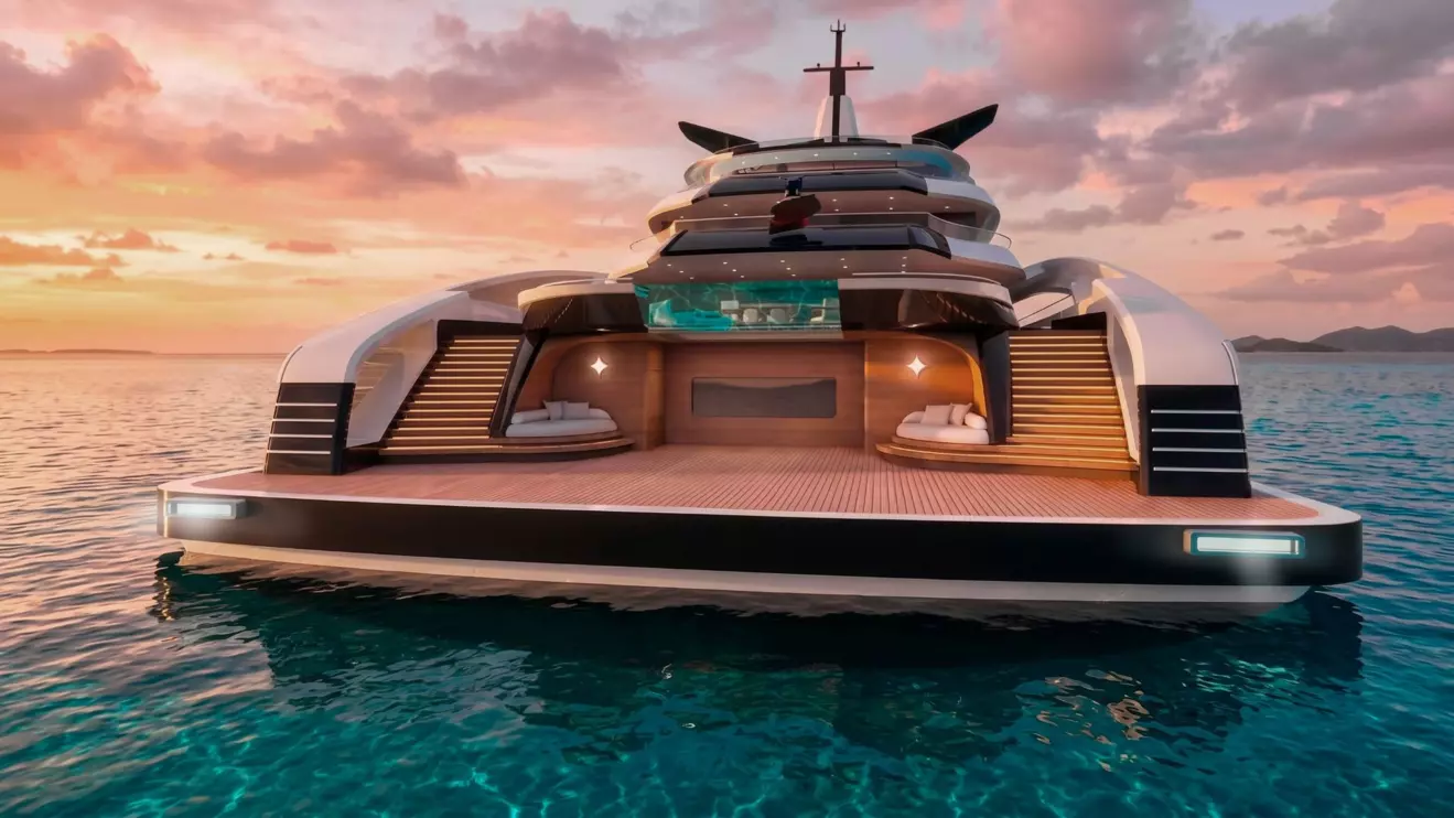 Aft deck and beach club of Project White Arrow 116m superyacht showcasing open outdoor living spaces on the water