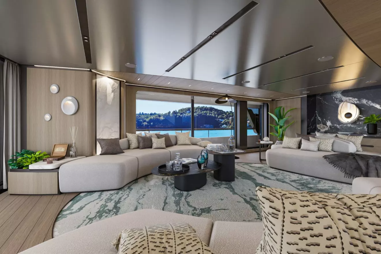 Sirena 42M saloon interior rendering, showcasing a blend of Nordic and Mediterranean design with natural light and textures.