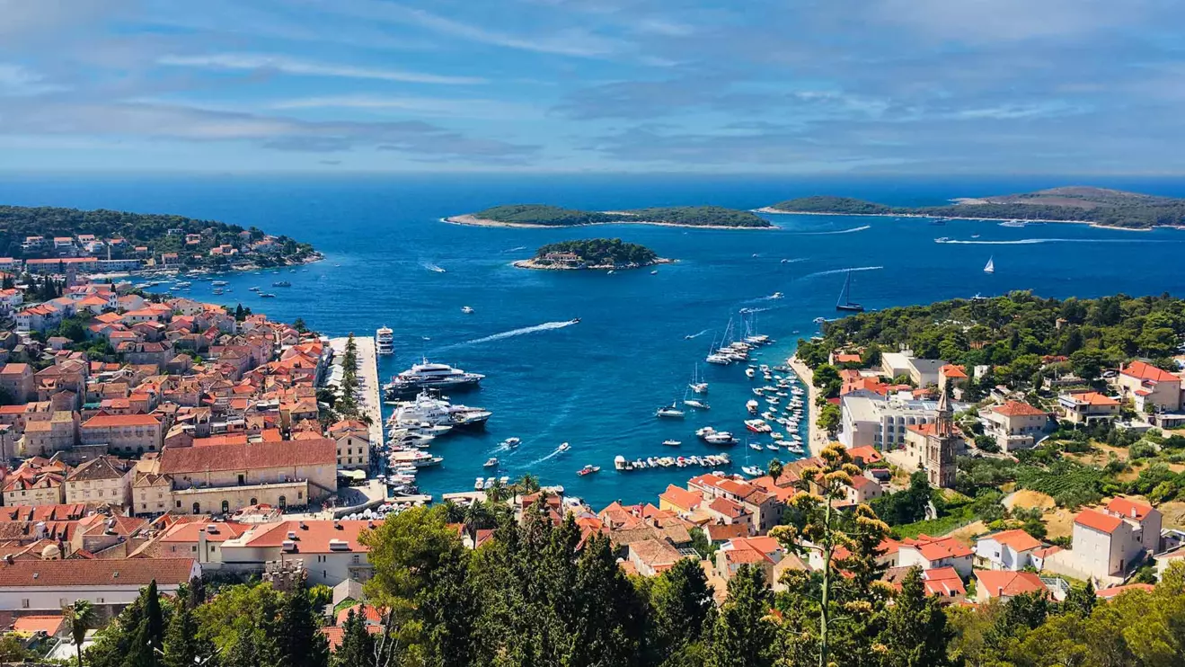 Luxury yachts moored in the harbour of Hvar Town, Croatia