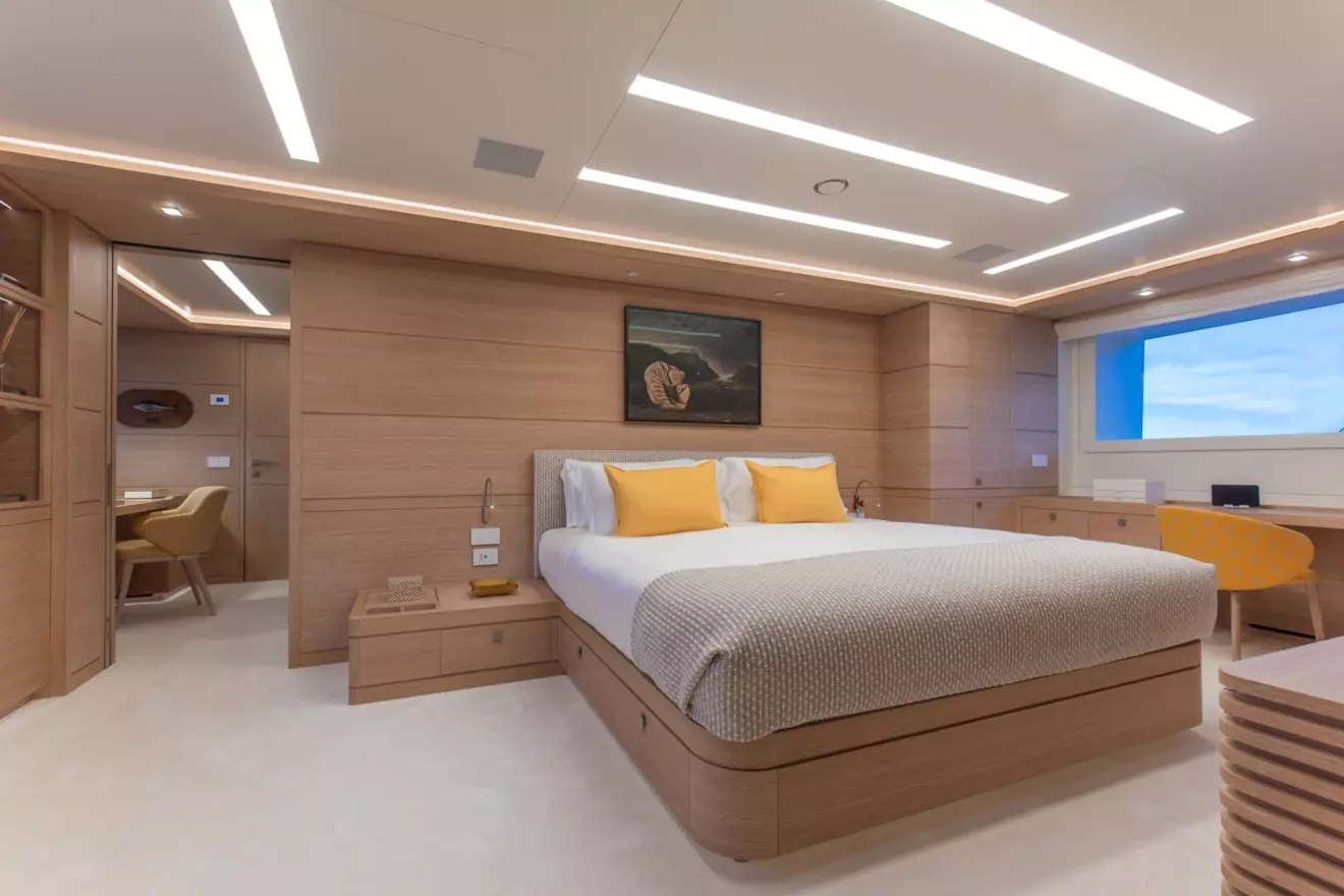 'Mat' yacht's master stateroom with large hull windows and a private studio.