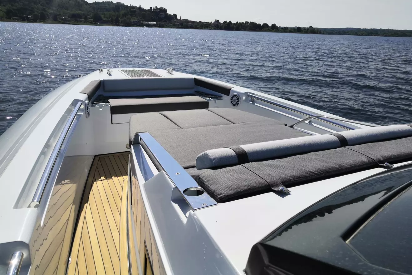 Spacious bow sunbathing area on the Pirelli 42 luxury yacht tender