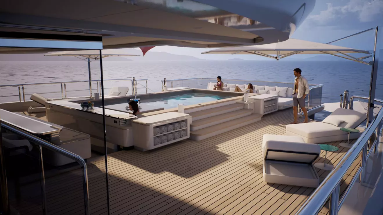 Luxury yacht experience: Beach Area with guests enjoying water activities.