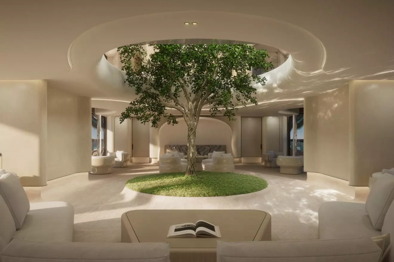 Living Ficus Nitida tree integrated into the main deck of the Sanlorenzo Virtuosity, rising through a two-deck vertical void