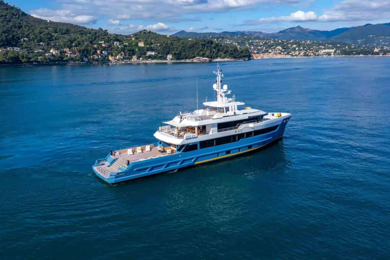 The 'Mat' Flexplorer 146 yacht, displaying its distinctive explorer vessel silhouette.