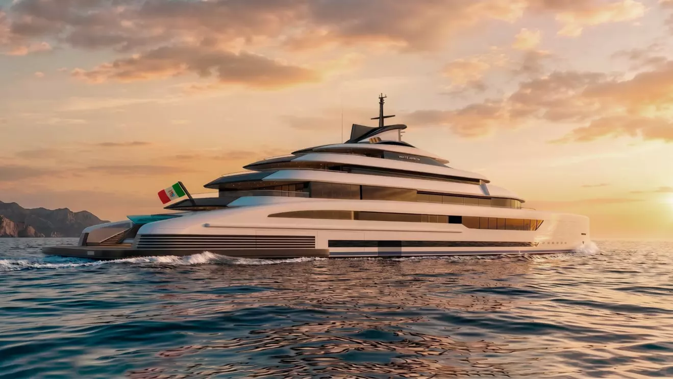 Exterior profile of the 116 meter Project White Arrow superyacht designed by Nuvolari Lenard