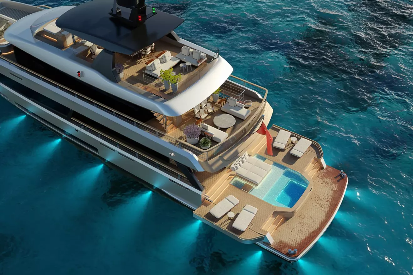 Sirena 42M aft saloon and pool area, showing large windows and open layout.