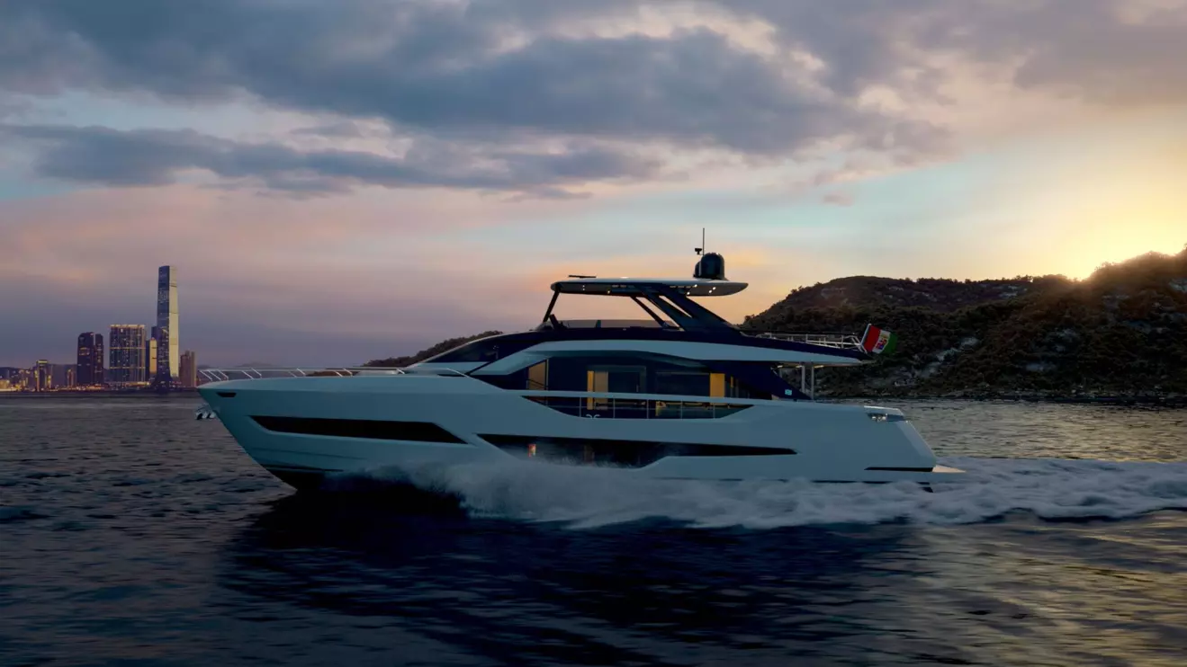Luxury yacht Ferretti Yachts 800 cruising on calm waters, highlighting its elegant profile