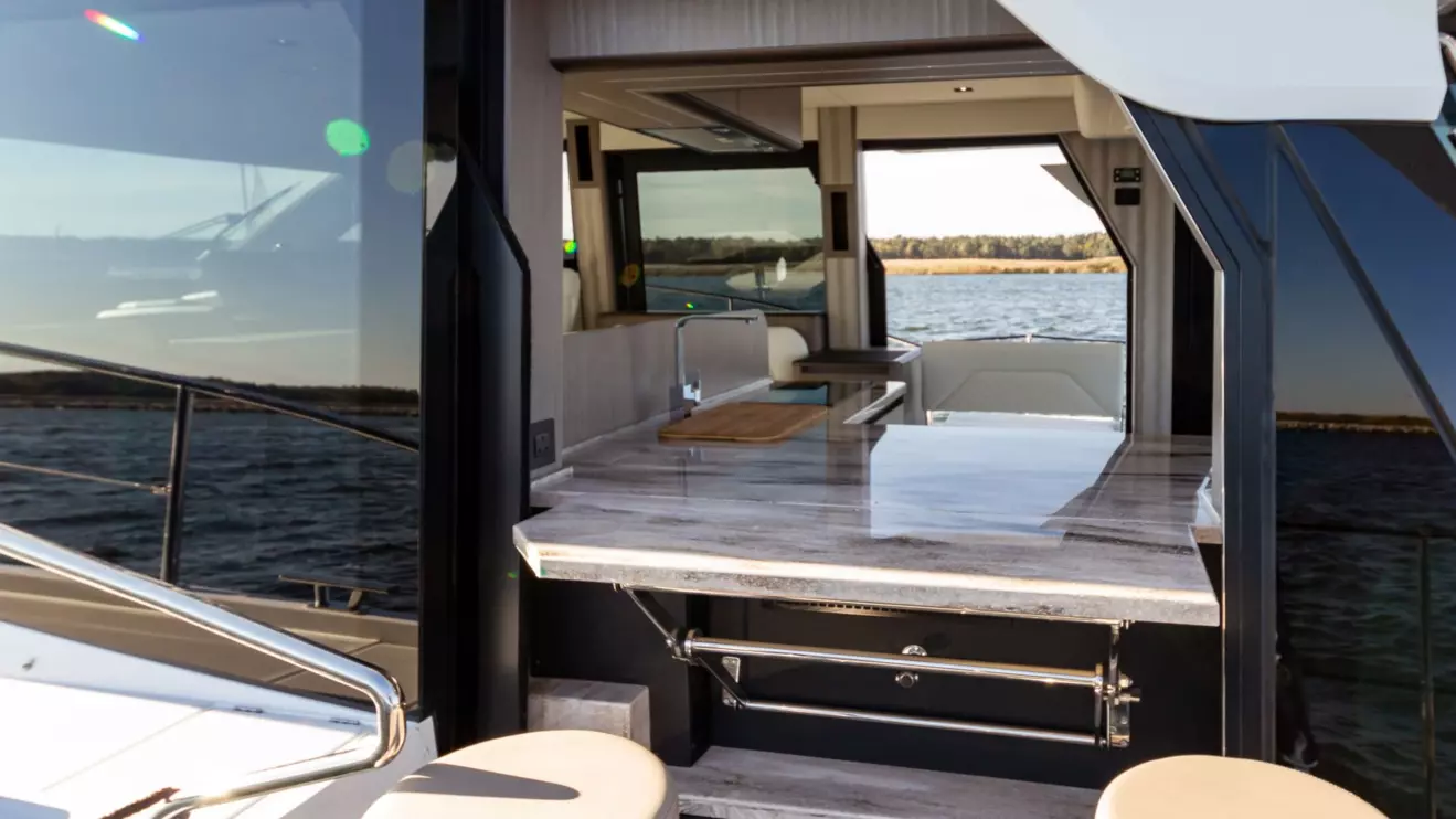Interior galley of the Galeon 480 Fly transformed into a functional outdoor bar