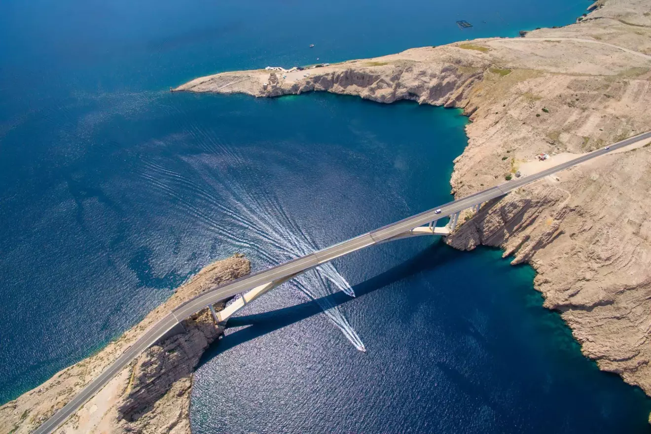 Aerial view of the Pag Bridge, a popular spot for car photography.