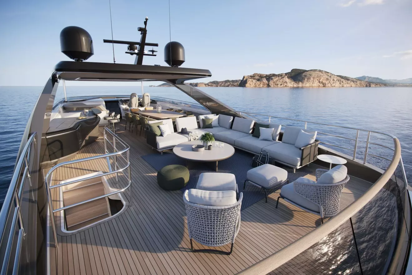 Spacious sundeck on the Princess Y95 yacht with covered lounge seating, hardtop, and sunbathing area
