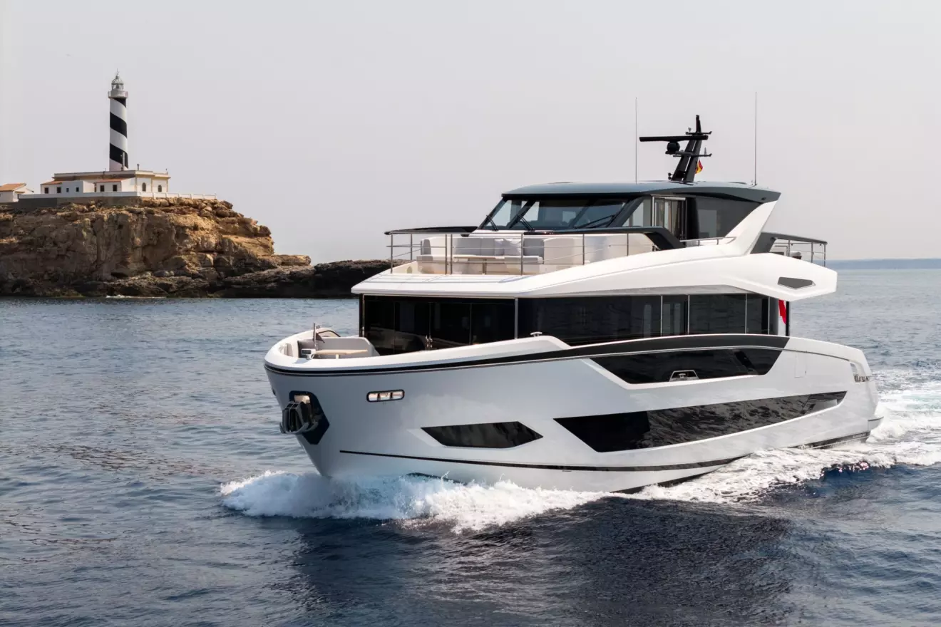 Front view of Sunseeker Ocean 82 Enclosed motor yacht cruising at sea