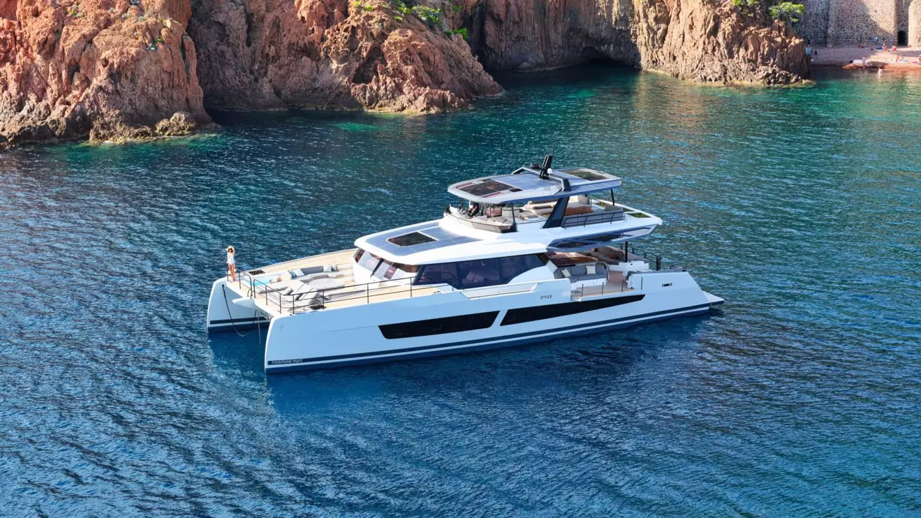 Luxury power catamaran Fountaine Pajot Power 80 aerial view