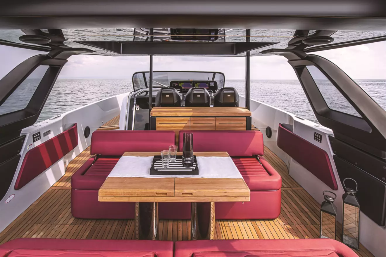Cranchi A46 Luxury Tender cockpit dining area T-top louvres