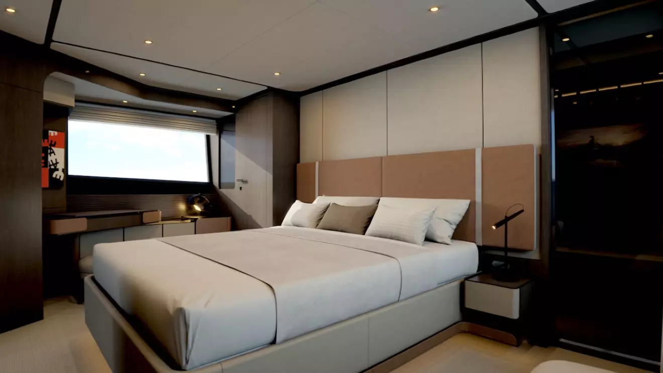 Interior of the master suite on the Ferretti Yachts 800, showcasing its elegant design and comfort.