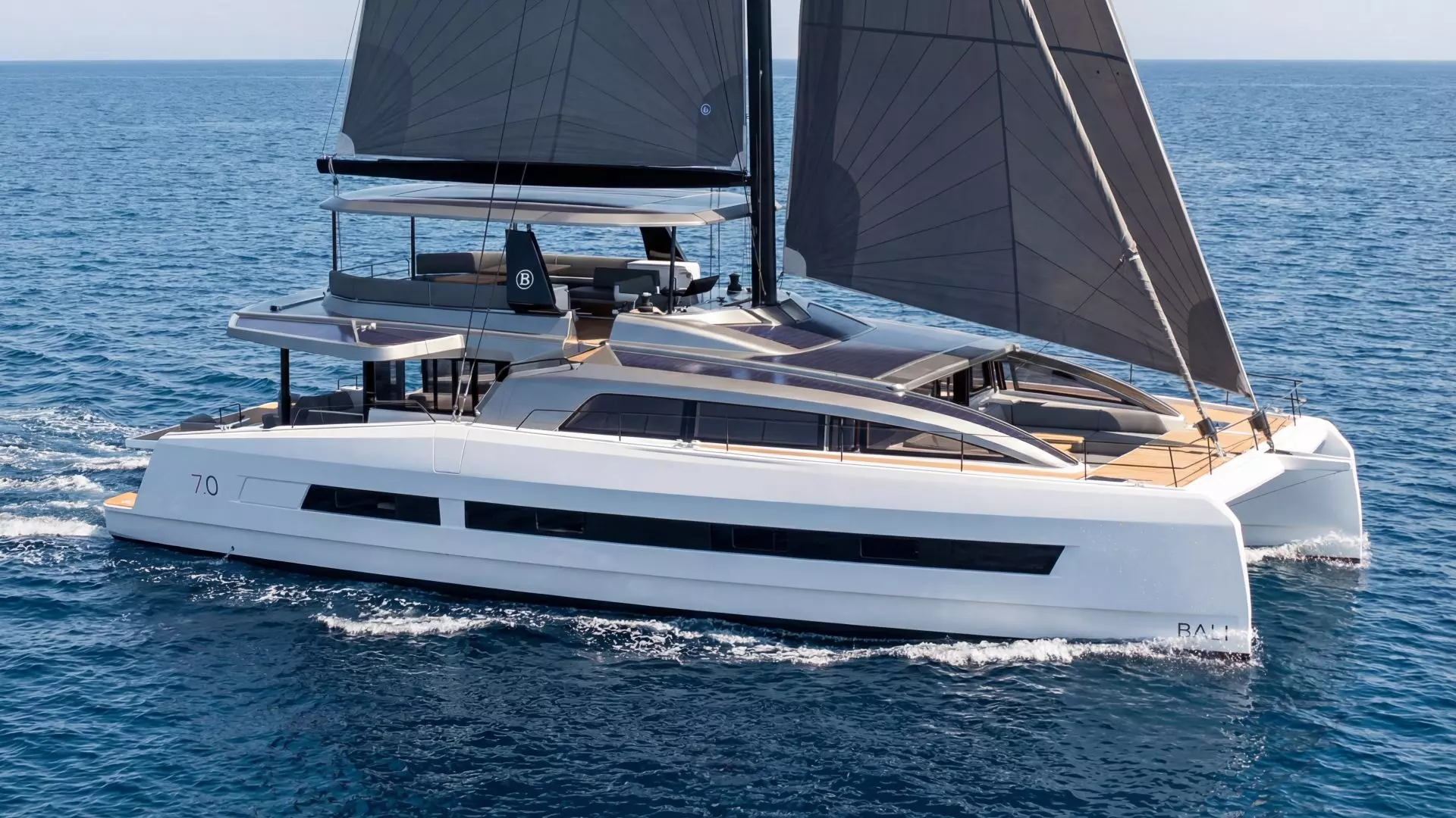 Exterior profile of the Bali 7.0 sailing catamaran featuring a contemporary silhouette