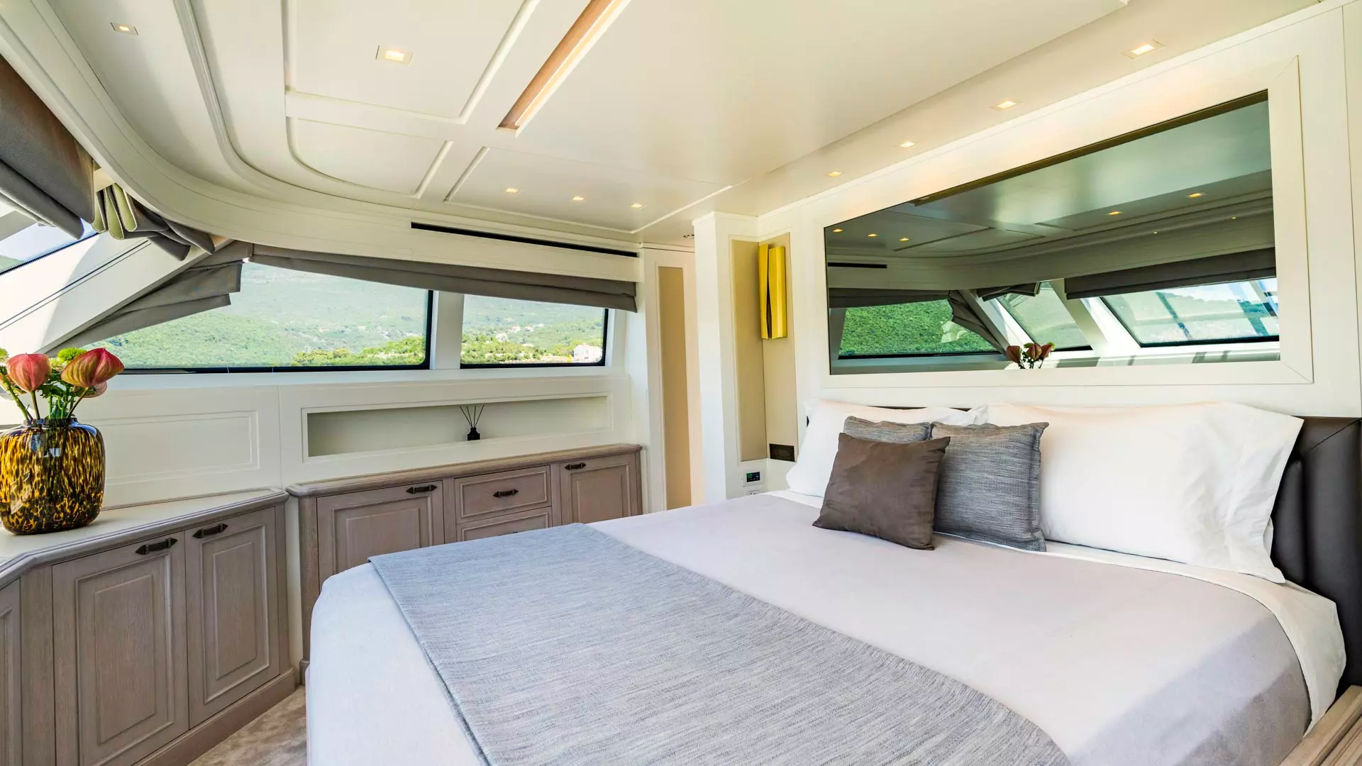Cabin bed view of luxury yacht