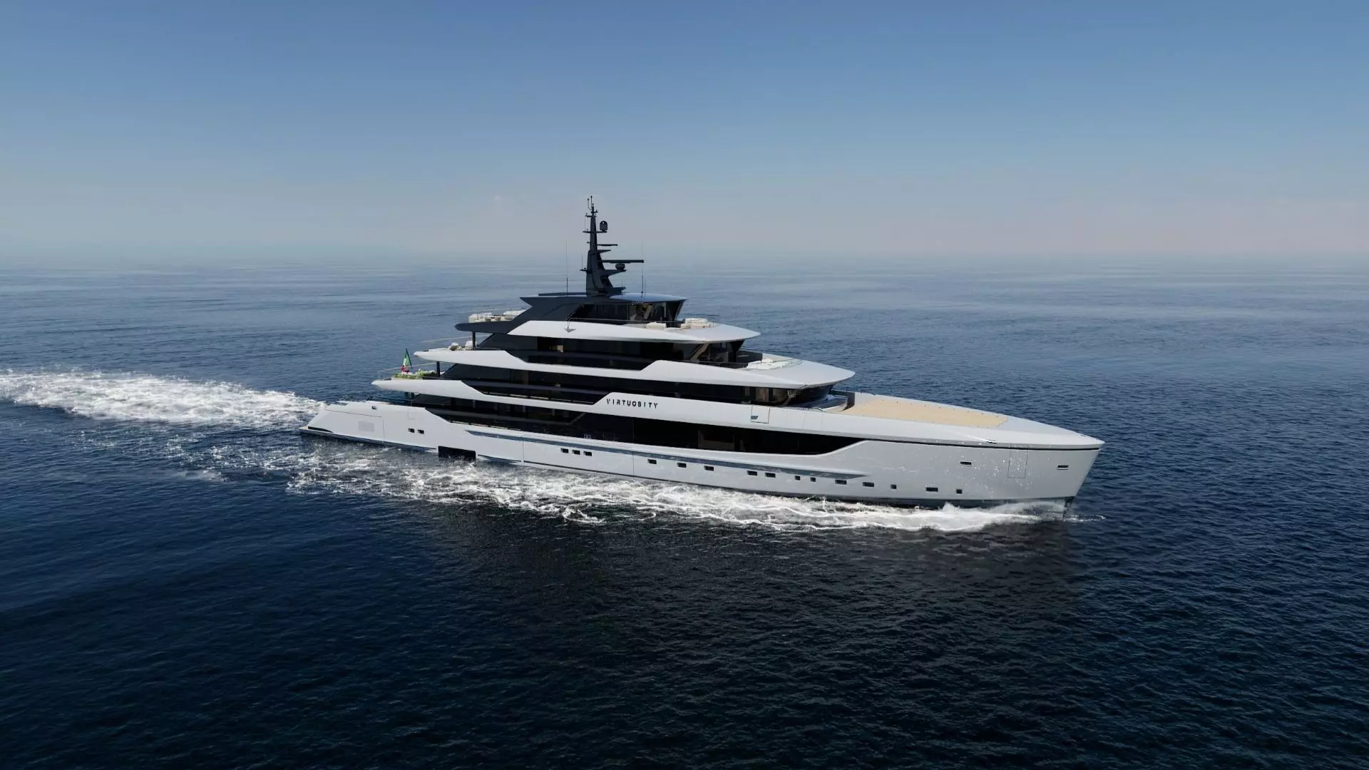 External profile of the Sanlorenzo 74Steel Virtuosity superyacht featuring a dynamic arrow-shaped bow