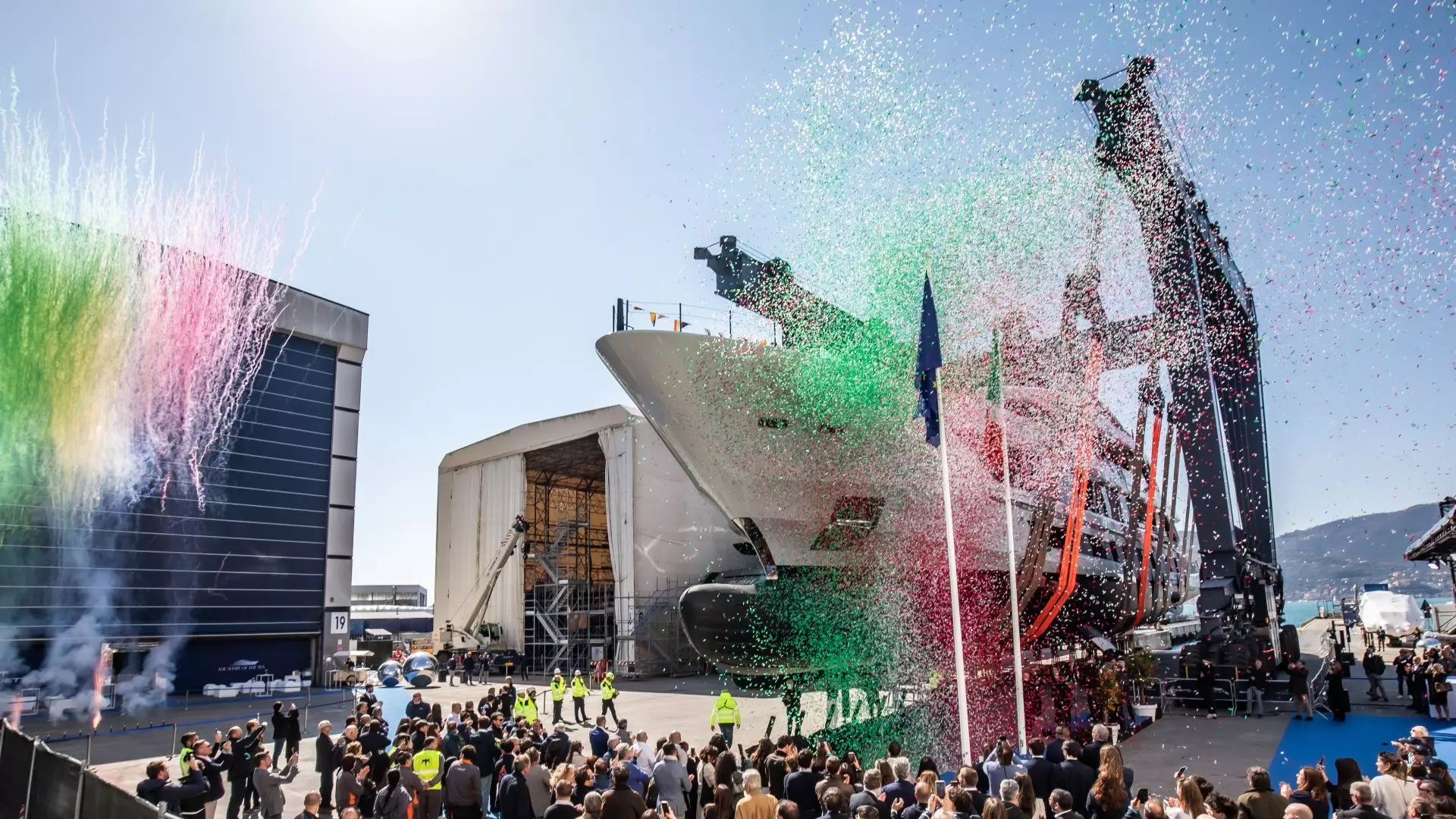 Baglietto T60 flagship motor yacht launch ceremony at La Spezia shipyard