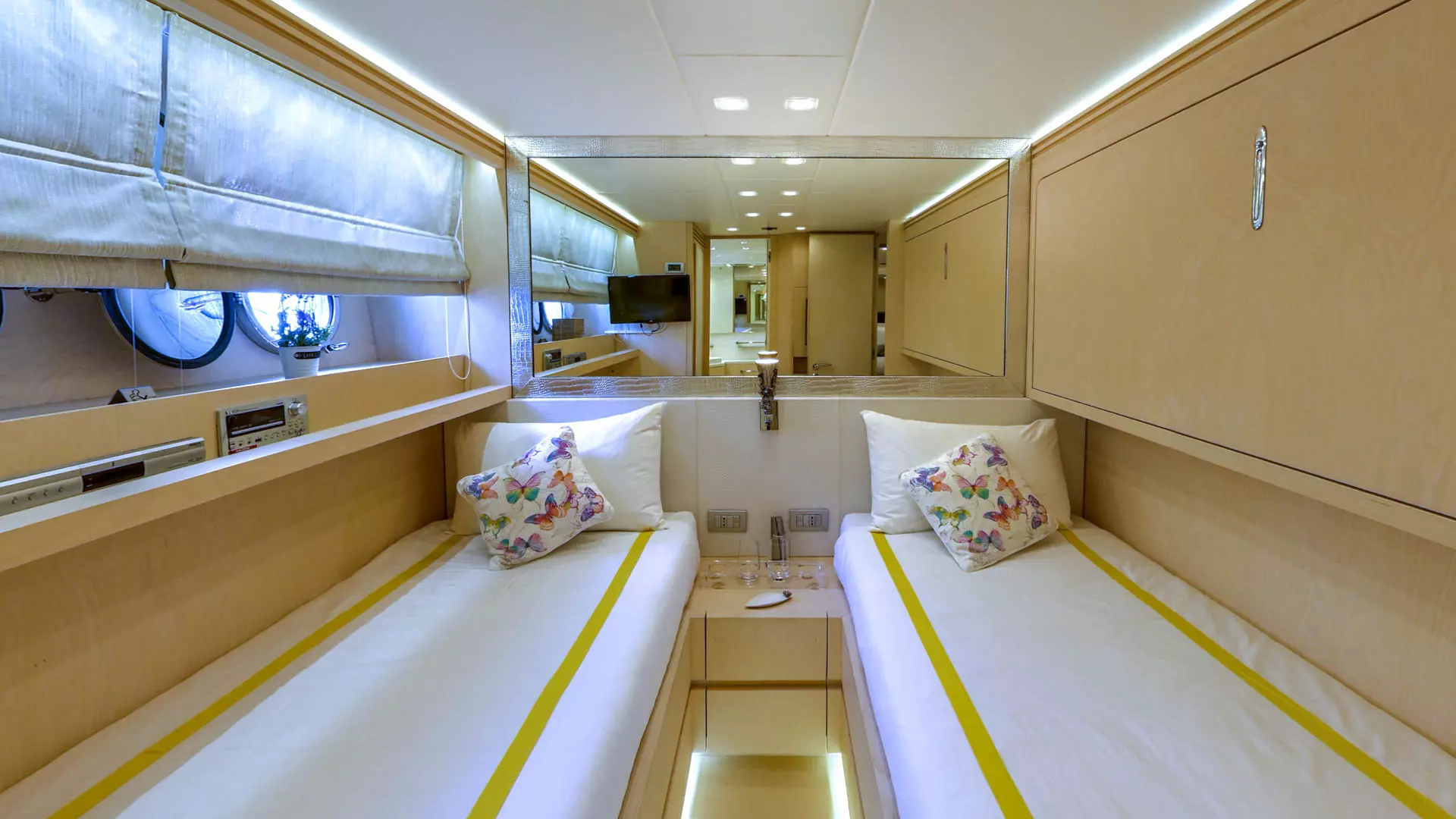 Twin cabin aboard luxury yacht