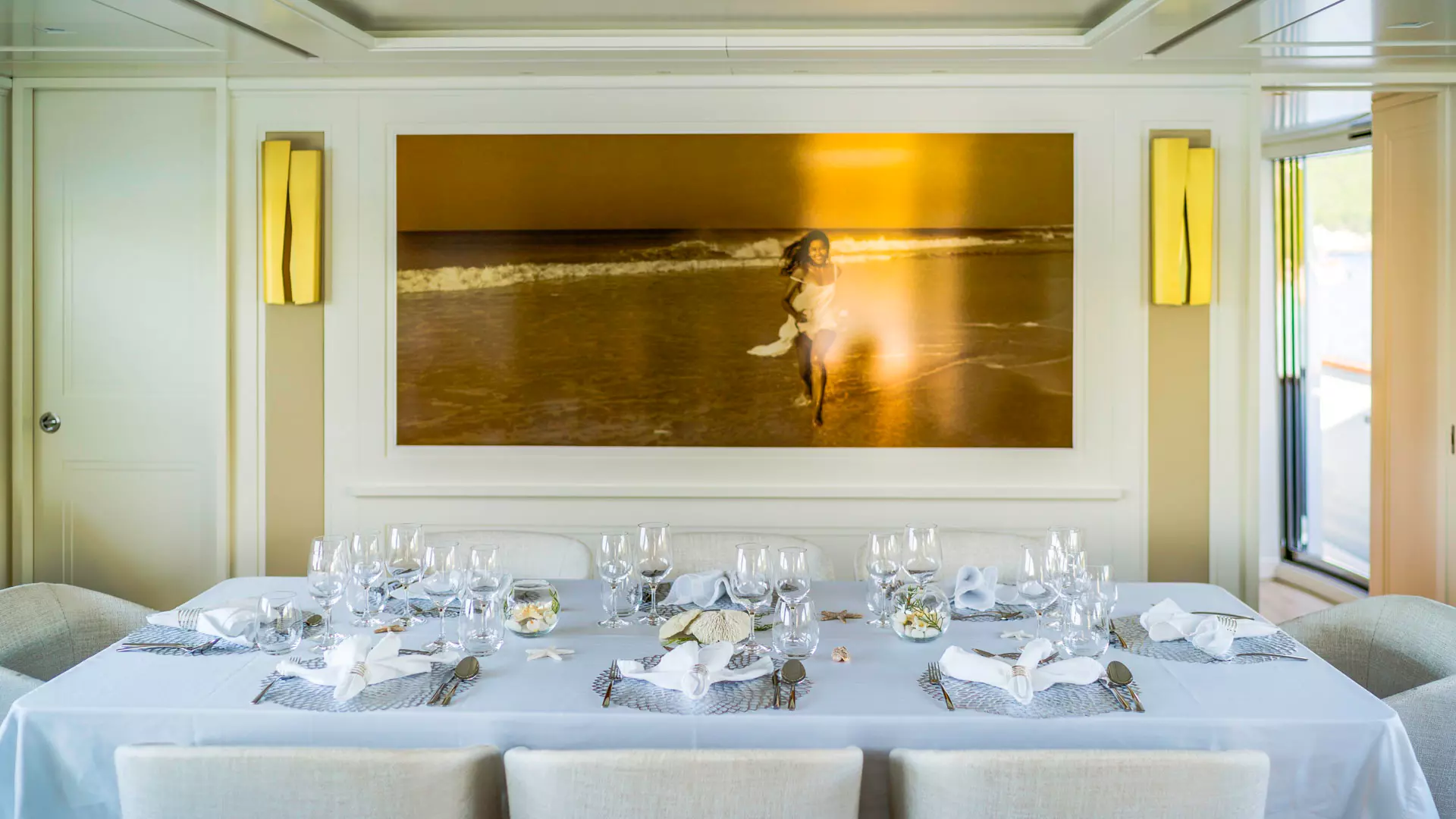 Dining table view aboard luxury yacht