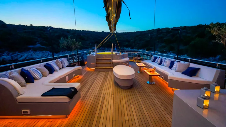 Sundeck view of yacht at night