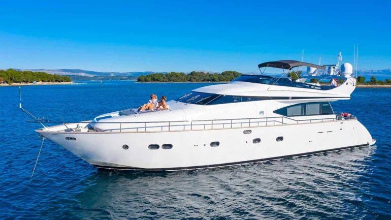 Side view of anchored luxury yacht