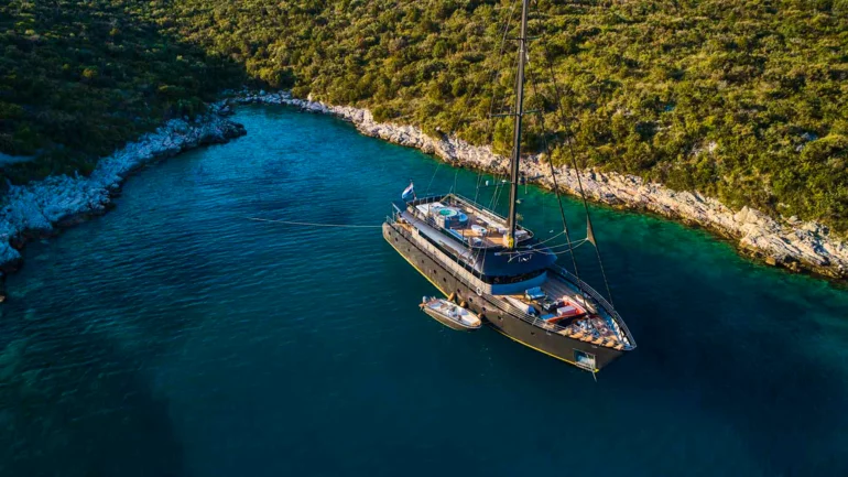Anchored view of luxury yacht