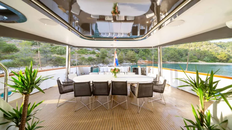 Outdoor dining area of yacht