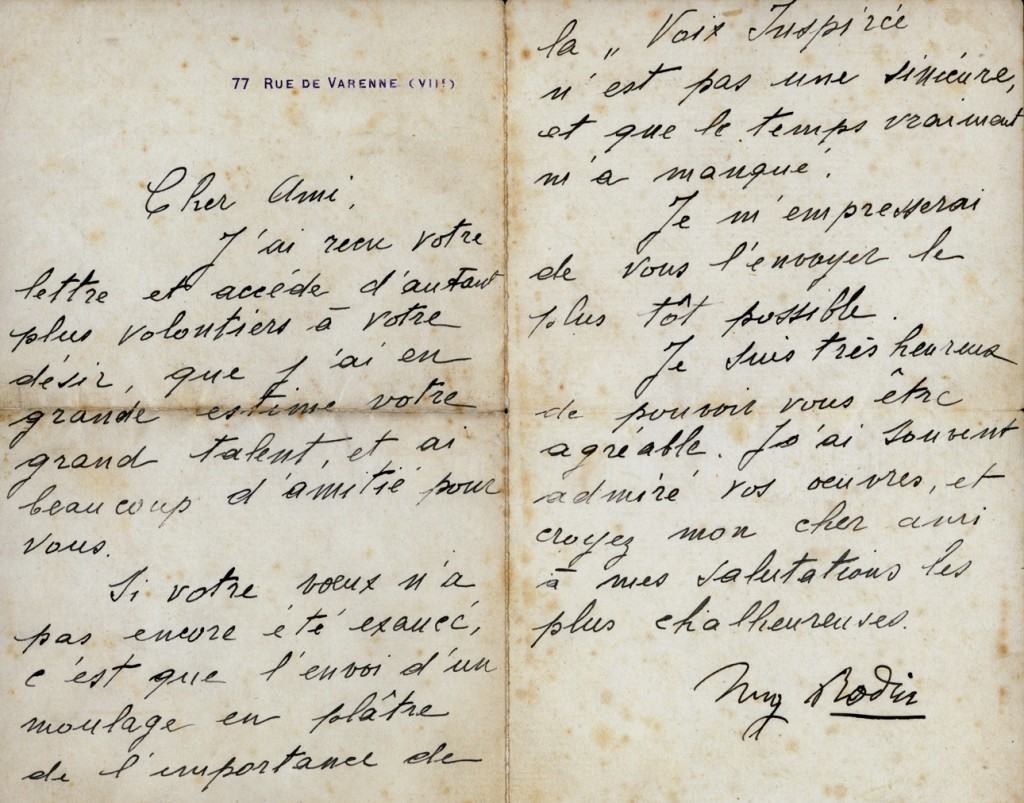 Rodin's letter to Mestrovic